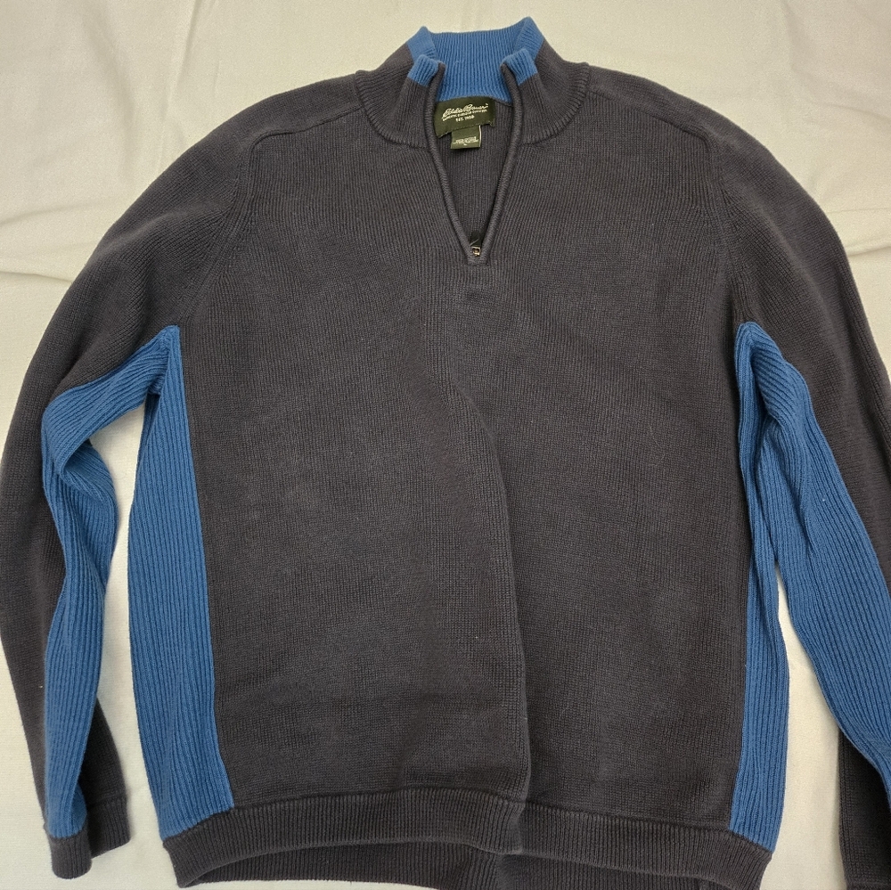 Eddie Bauer Men's Charcoal and Blue Zip-Up Sweater